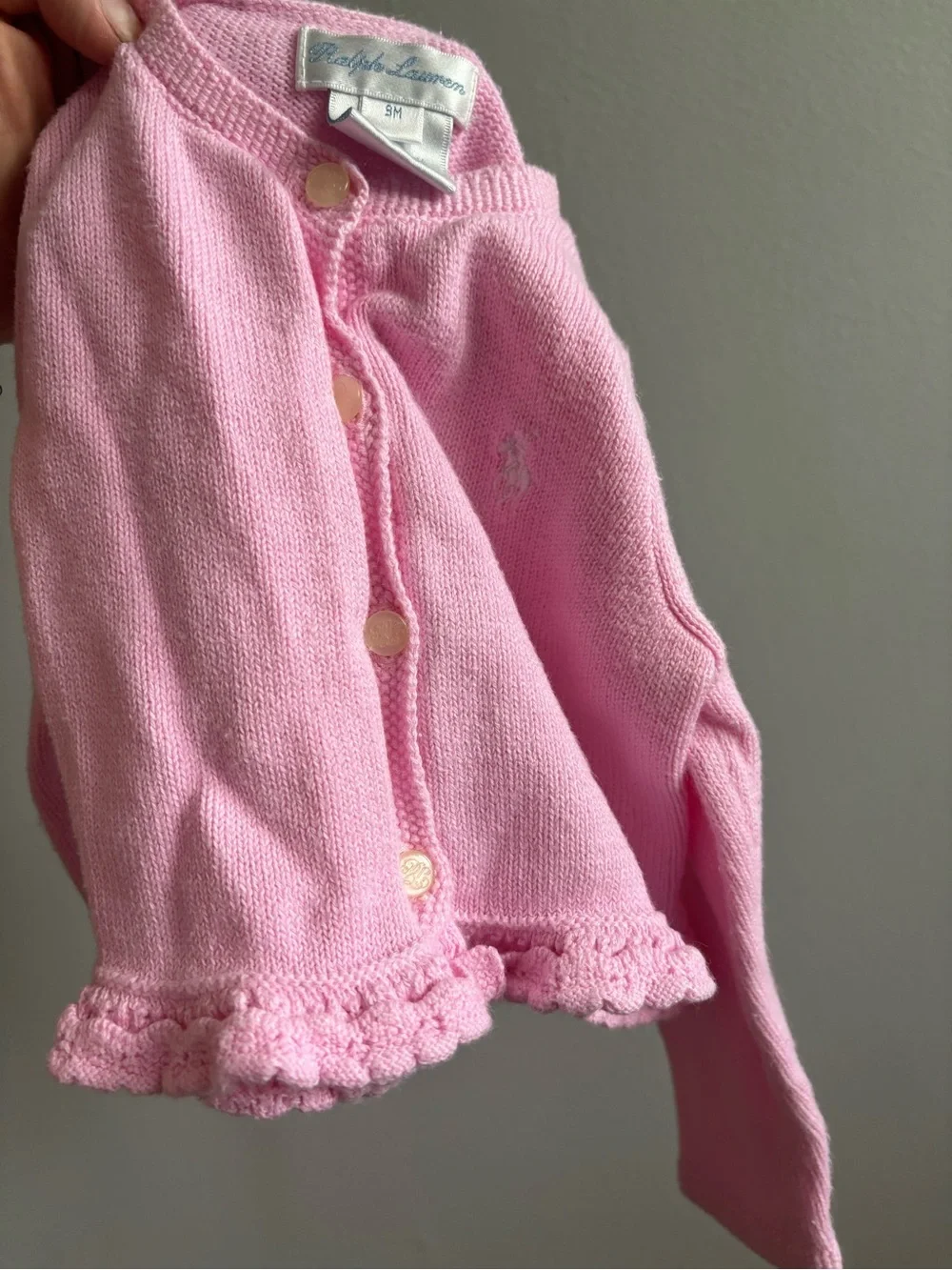 Ralph Lauren Light Pink Knit Cardigan with Ruffle Hem